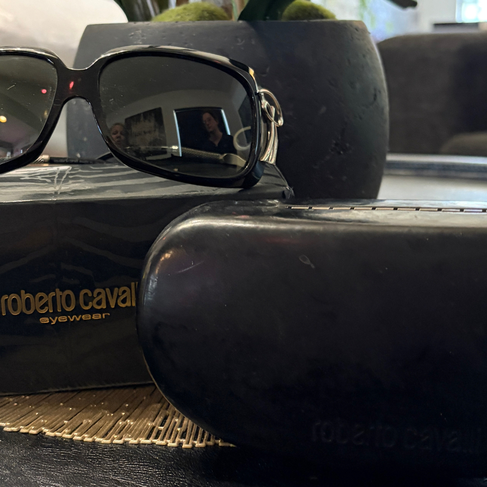 Roberto Cavalli designer sunglasses with the original zebra-print case and box.